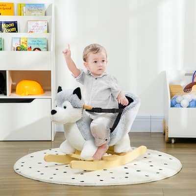 Plush Husky Dog Rocking Horse with Wooden Base and Safety Belt for Toddlers 18 to 36 Months with Animal Sounds