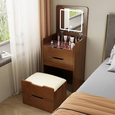 3-in-1 Small Makeup Table Set with Glass Top 3 Drawers, Stool