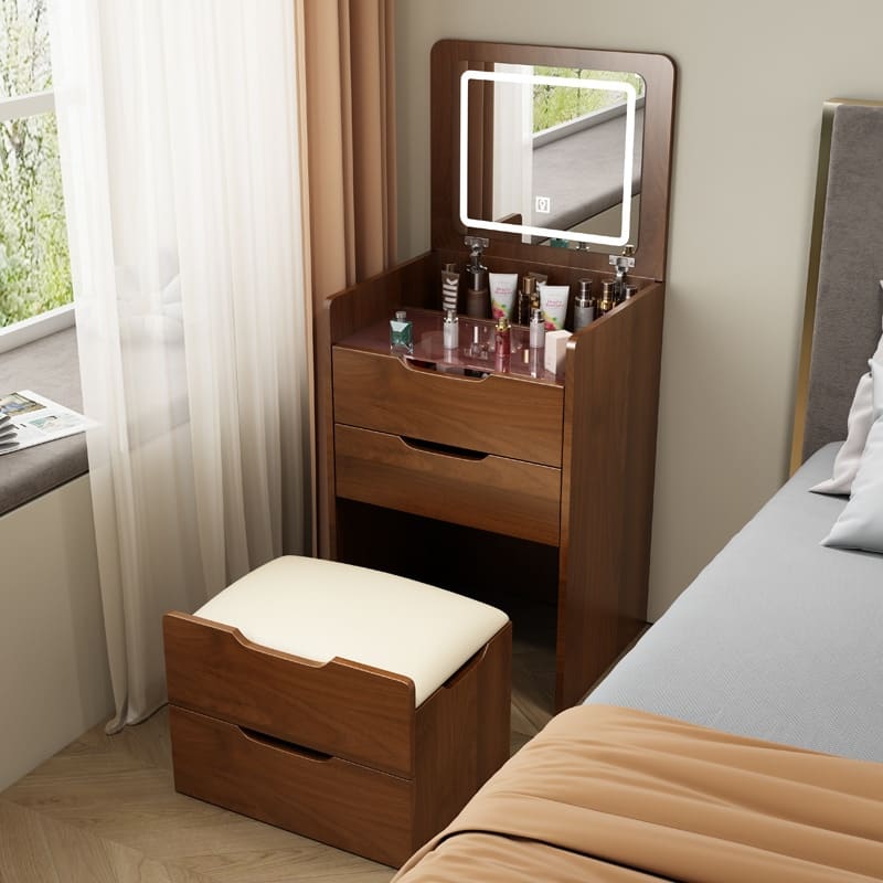 Multifunctional Vanity Desk with Storage LED Mirror Makeup Station for Bedroom or Dressing Room - N/A - Walnut