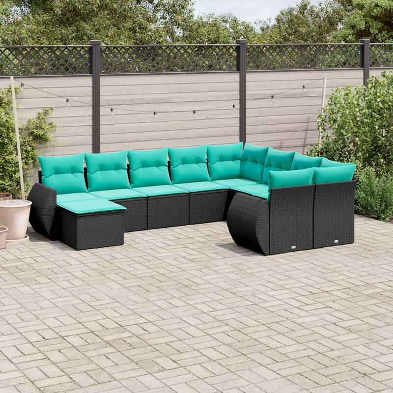 vidaXL 10 Piece Patio Sofa Set with Cushions Black Poly Rattan - 24.4" x 24.4" x 27.2" - Black and blue