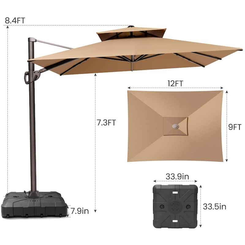 9 x 12 ft Outdoor Double Top Patio Cantilever Umbrella with Base