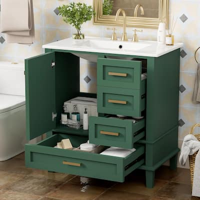 30" Bathroom Green Vanity Storage Cabinet w/ Ceramic Sink Combo Set
