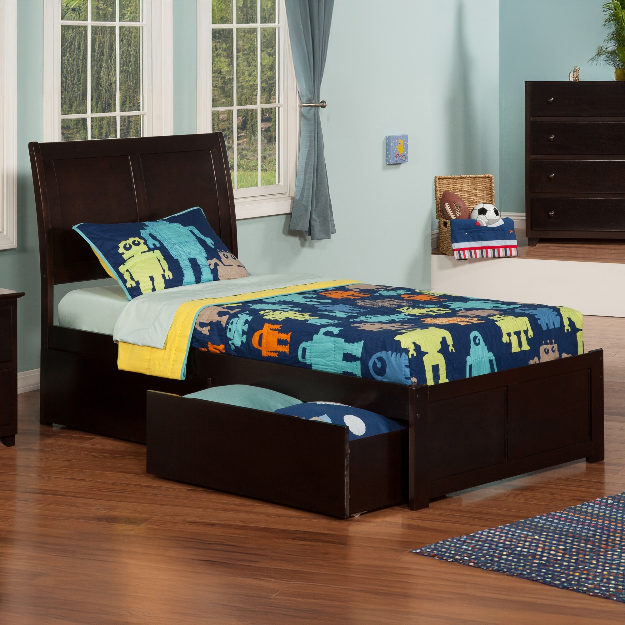 Portland Twin XL Platform Bed with Footboard & 2 Storage Drawers in Espresso