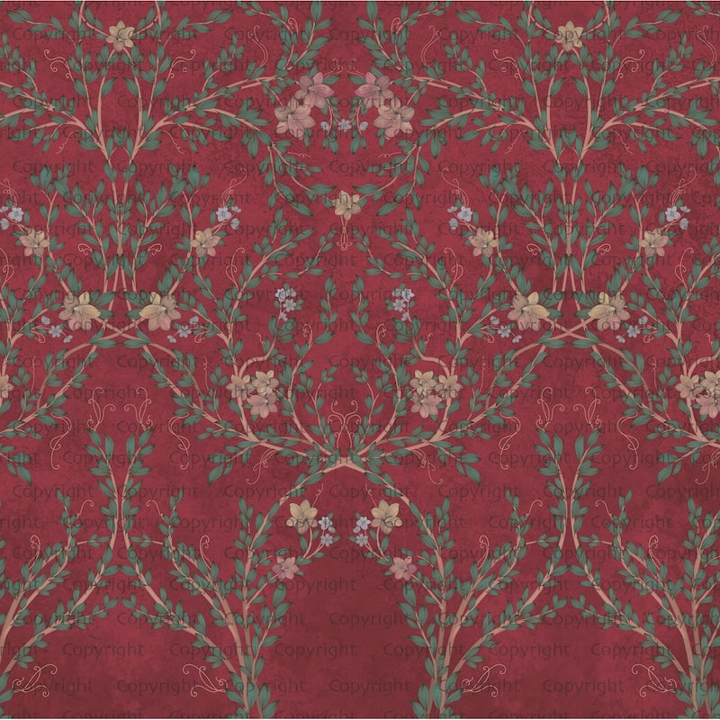 Vintage Branches Soft Blue Blooms Pattern Wallpaper Mural - Red - W:204" x H:110"