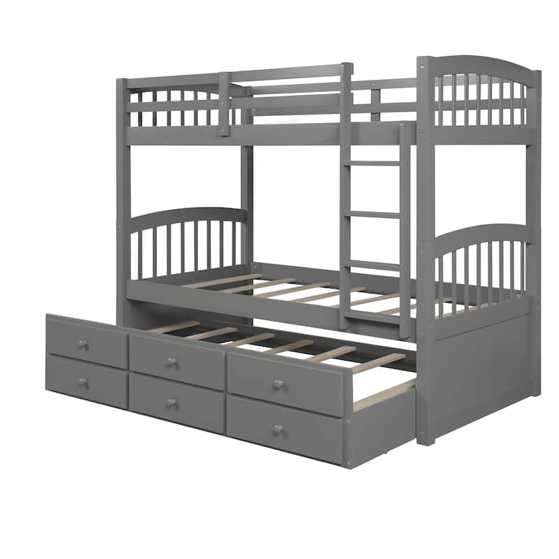 Twin Over Twin Bunk Bed with Ladder and Safety Rail, Twin Trundle Bed with 3 Drawers for Teens Bedroom, Guest Room Furniture