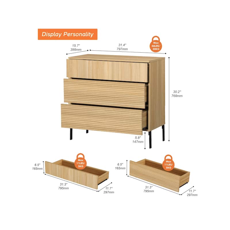 Modern Wood 3-Drawer Dresser With Reeded Design, Minimalist Dresser Organizer Storage