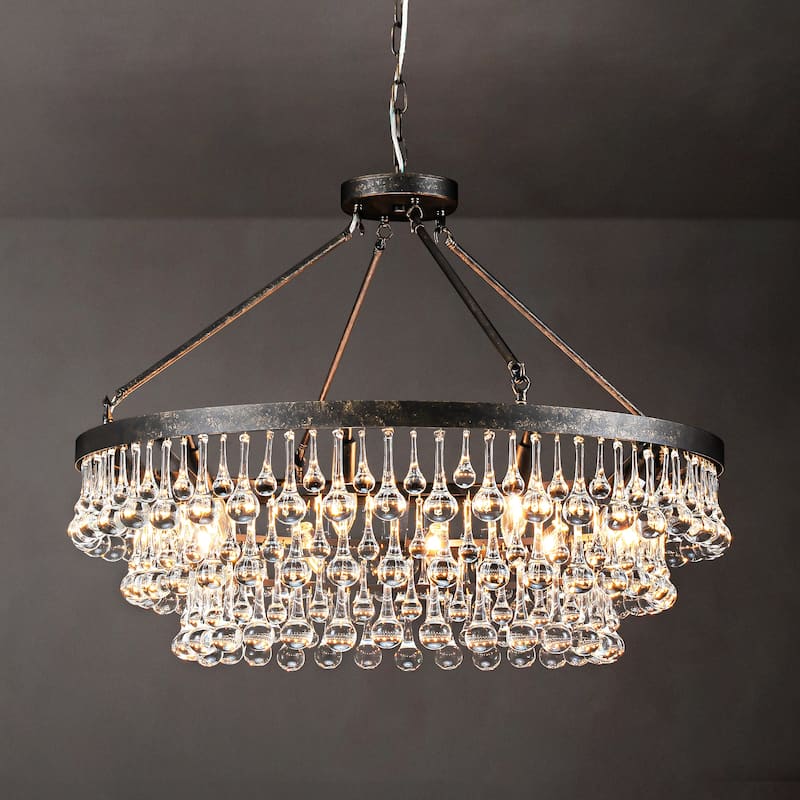 10-Light 31.5" Modern Glam Distressed Black Round Crystal Chandelier for Living Room 3-Tier Large Pendant Lighting