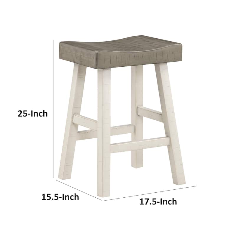 Casy 25 Inch Counter Height Stool, Brown Saddle Seat, White Rubberwood