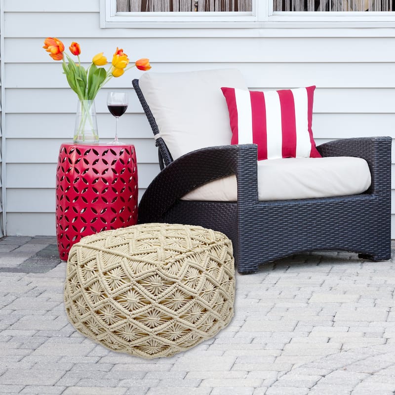 18" beige handmade macramé natural cotton square pouf ottoman