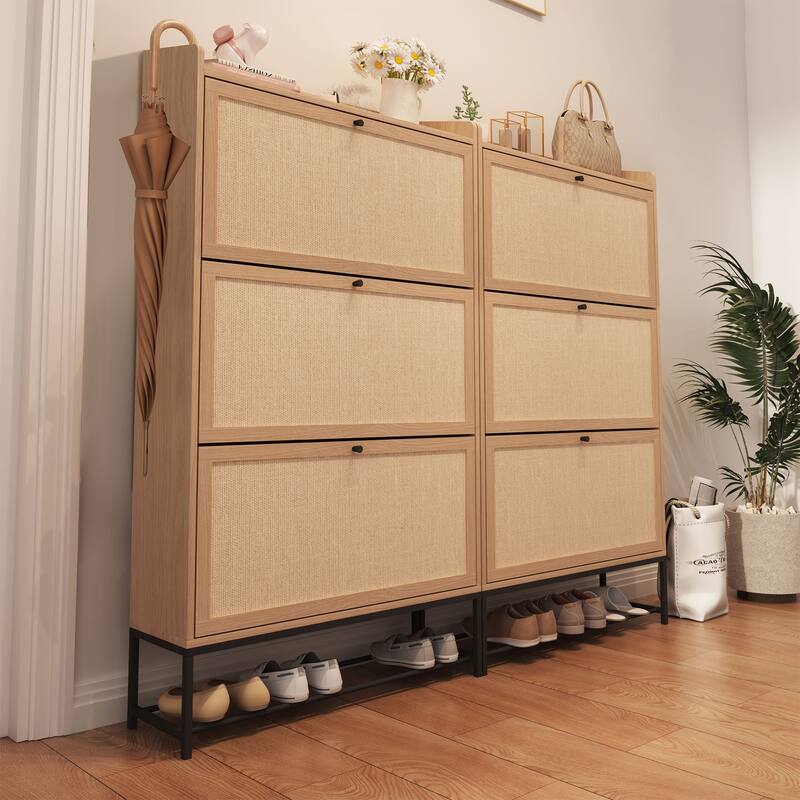 Wooden Shoe Storage Cabinet with triple-tier flip-up drawer