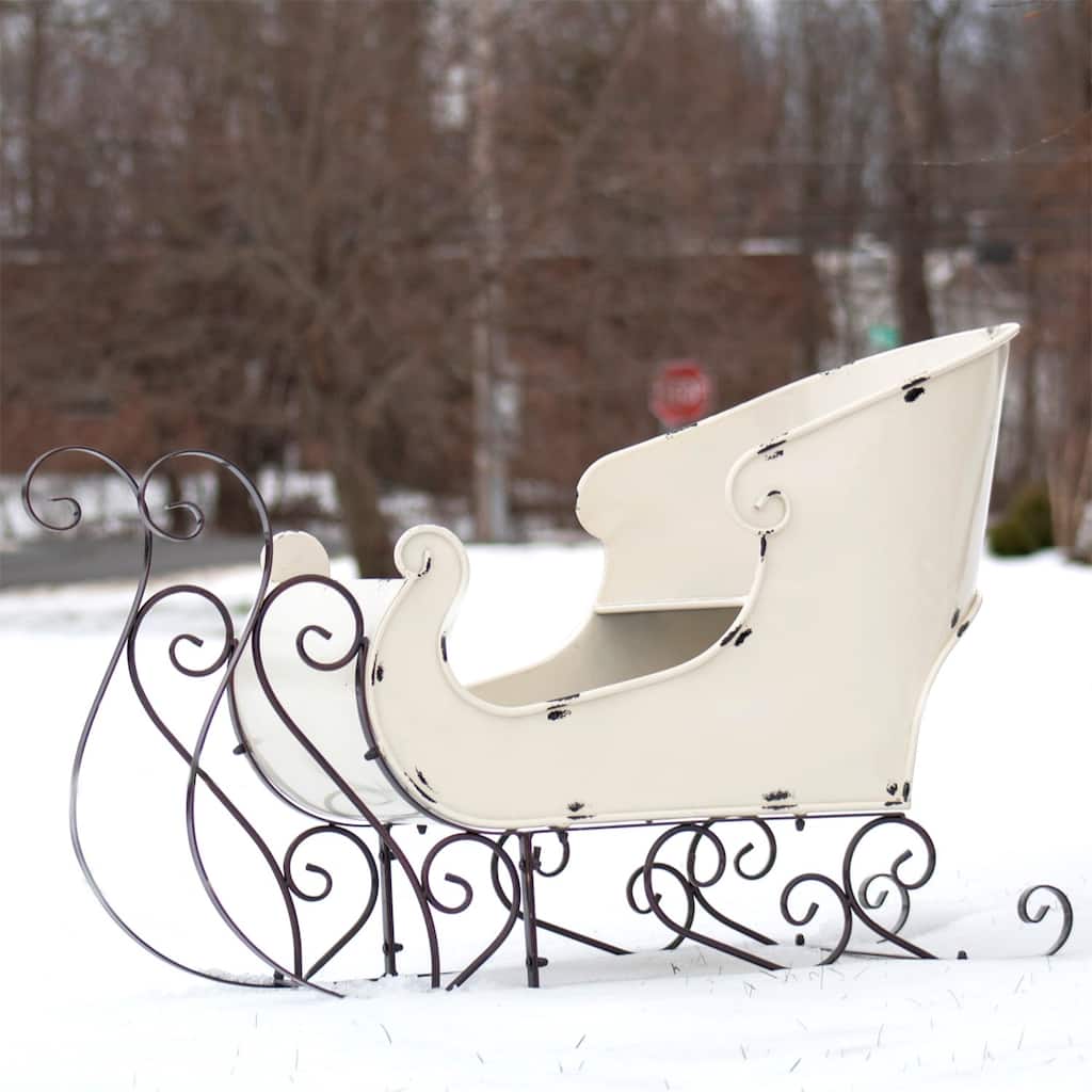 Medium Metal Holiday Sleigh Decoration in Antique White