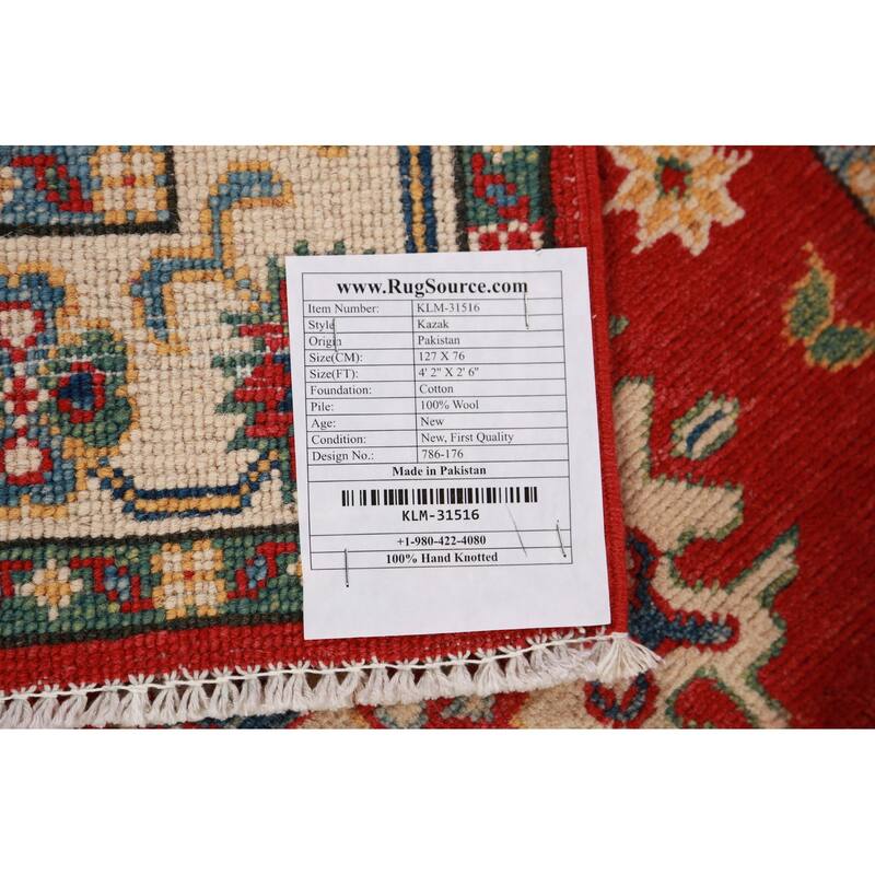 Geometric Kazak Foyer Rug Hand-Knotted Bedroom Traditional Wool Carpet - 2'6"x 4'2"