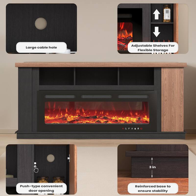 Traditional 70" TV Stand with 50" Electric Fireplace, Light Strips, Sockets, Open Shelves, and Cabinets for TVs up to 80"