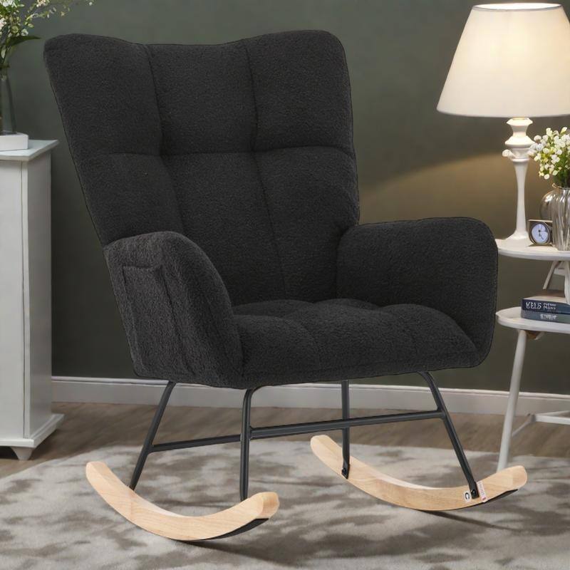 Teddy Fabric Rocking Chair with Solid Wood Legs and High Backrest