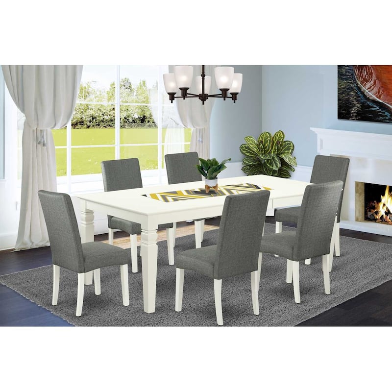 Coastal Kitchen Table Set - 7Pc Rectangle Dining Table with 6 Chairs - Linen White Legs & Gray Fabric