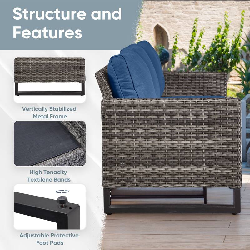 Outdoor Sofa with Swivel Chair Ottomans & Fire Pit Table - Blue cushion - Grey