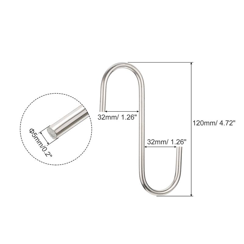 S Hanging Hooks, 5" (120mm) Extra Long Steel Hanger, Matt Silver, 2Pcs - Silver - Silver