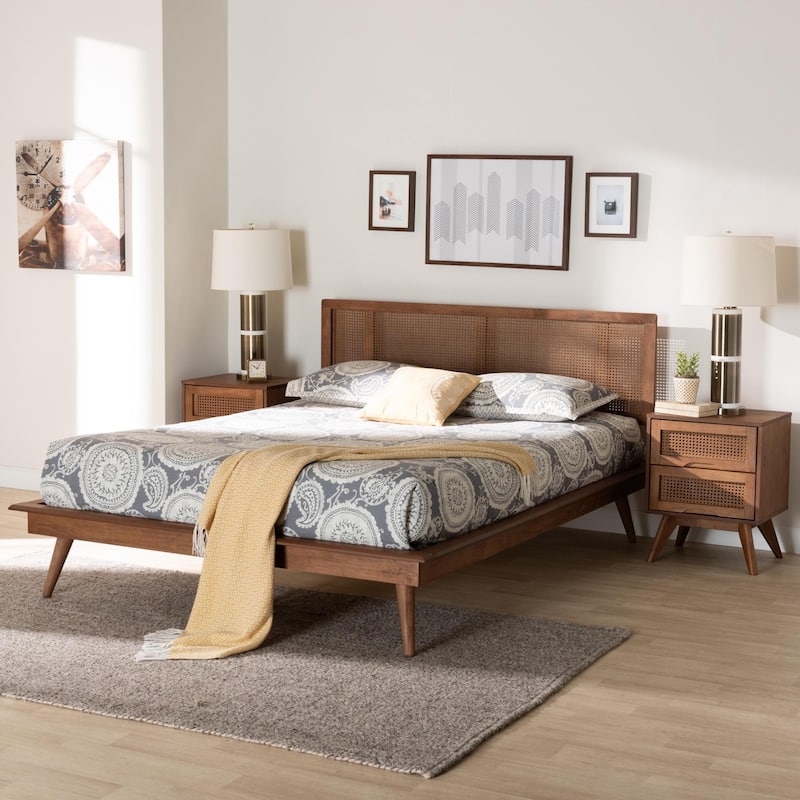 Nura Mid-Century Modern Walnut Brown Finished Wood and Rattan 3-Piece/4-Piece/5-Piece Bedroom Set (Multiple Bed Sizes)