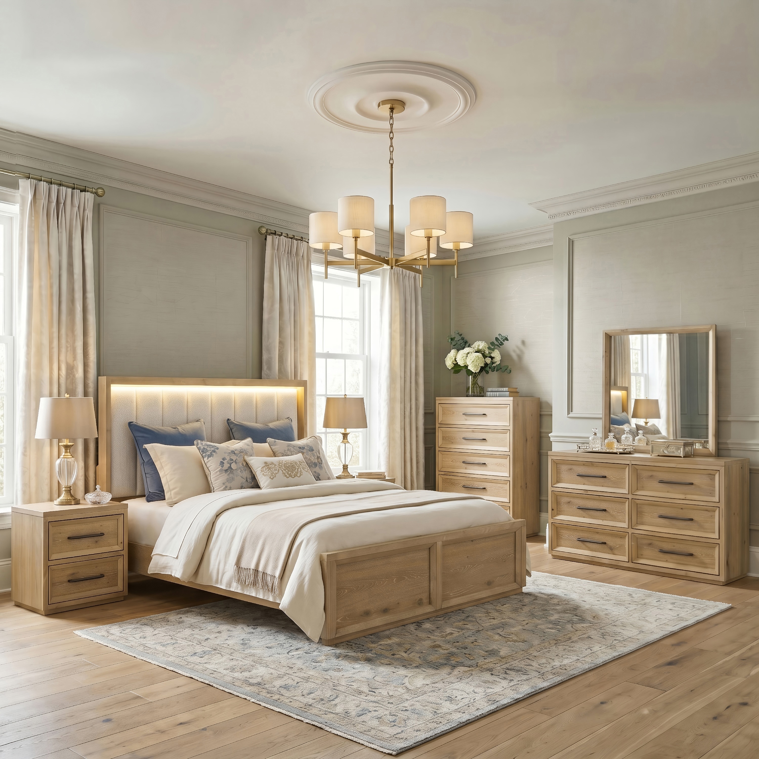 Furniture of America Tupho 6-Piece Natural Wood LED and USB Ports Bedroom Set