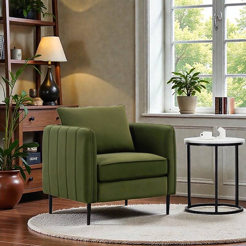 Velvet Accent Chair for Living Room, Mid Century Modern Single Sofa Chair with Pillow and Metal Legs