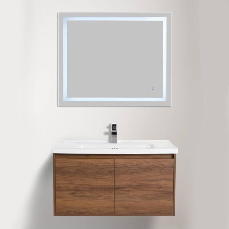 Blossom 36" Wall-Mounted Bathroom Vanity with Ceramic Sink, Soft-Close - Brown Walnut