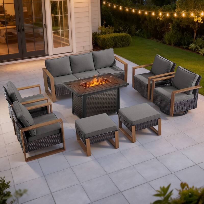 Meyreso Wicker Outdoor Patio Metal Fire Pit Set with Swivel Gliders and Olefin Cushions - Brown / Gray Cushions - 8-Piece