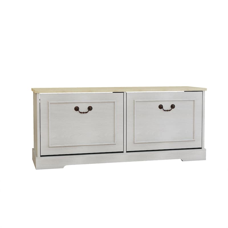 Antique White Shoe Storage Bench Featuring Flip-Up Drawers and Adjustable Shelf for Entryway, Hallway or Bedroom Use