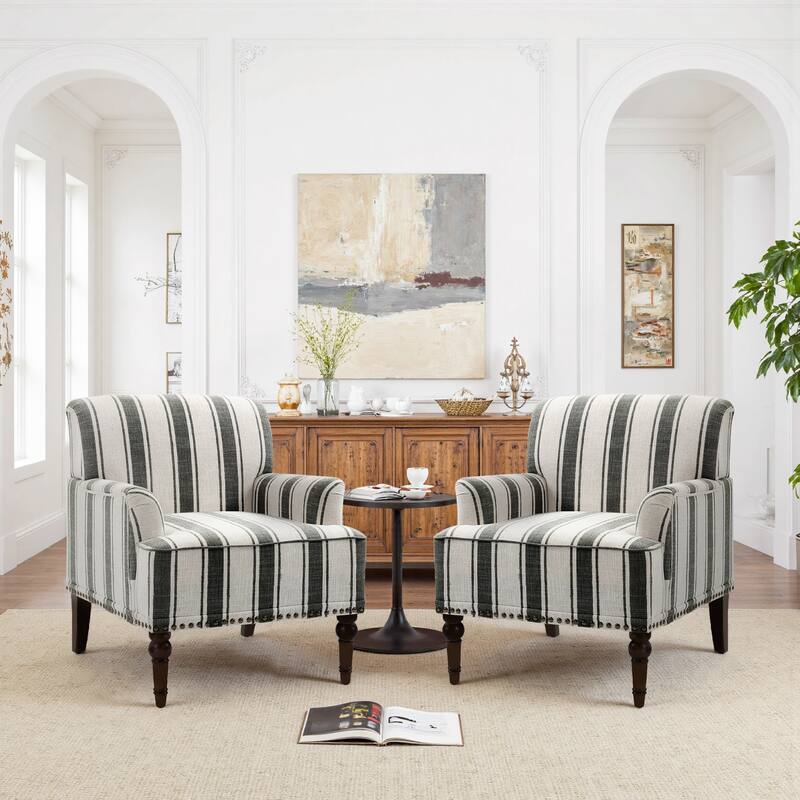 Set 2 Striped Upholstered Linen Armchair with Brass Nailhead Trim
