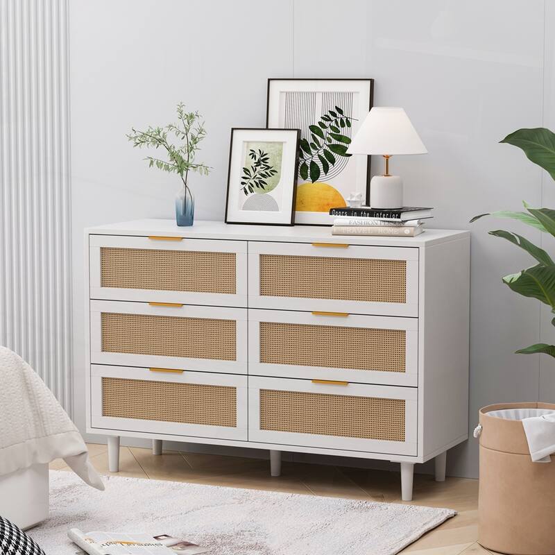 6-Drawers Rattan Storage Cabinet Rattan Drawer - White - 43.31" Rectangular