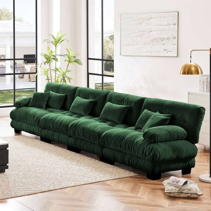 Rossetta 4-Seater Stylish Design Chenille Modular Sectional Sofa with Round Bolster Armrests - Green