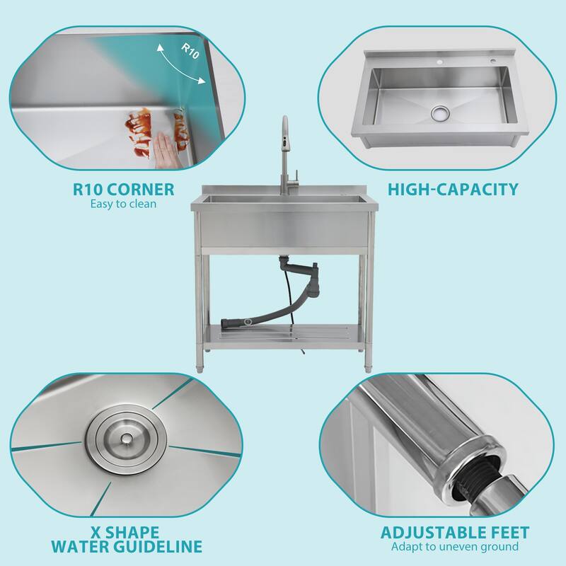 36 Inch Freestanding Integrated Single Bowl 18 Gauge Stainless Steel Kitchen Sink with Pull-Out Faucet - 36'' x 21'' x 35.5''