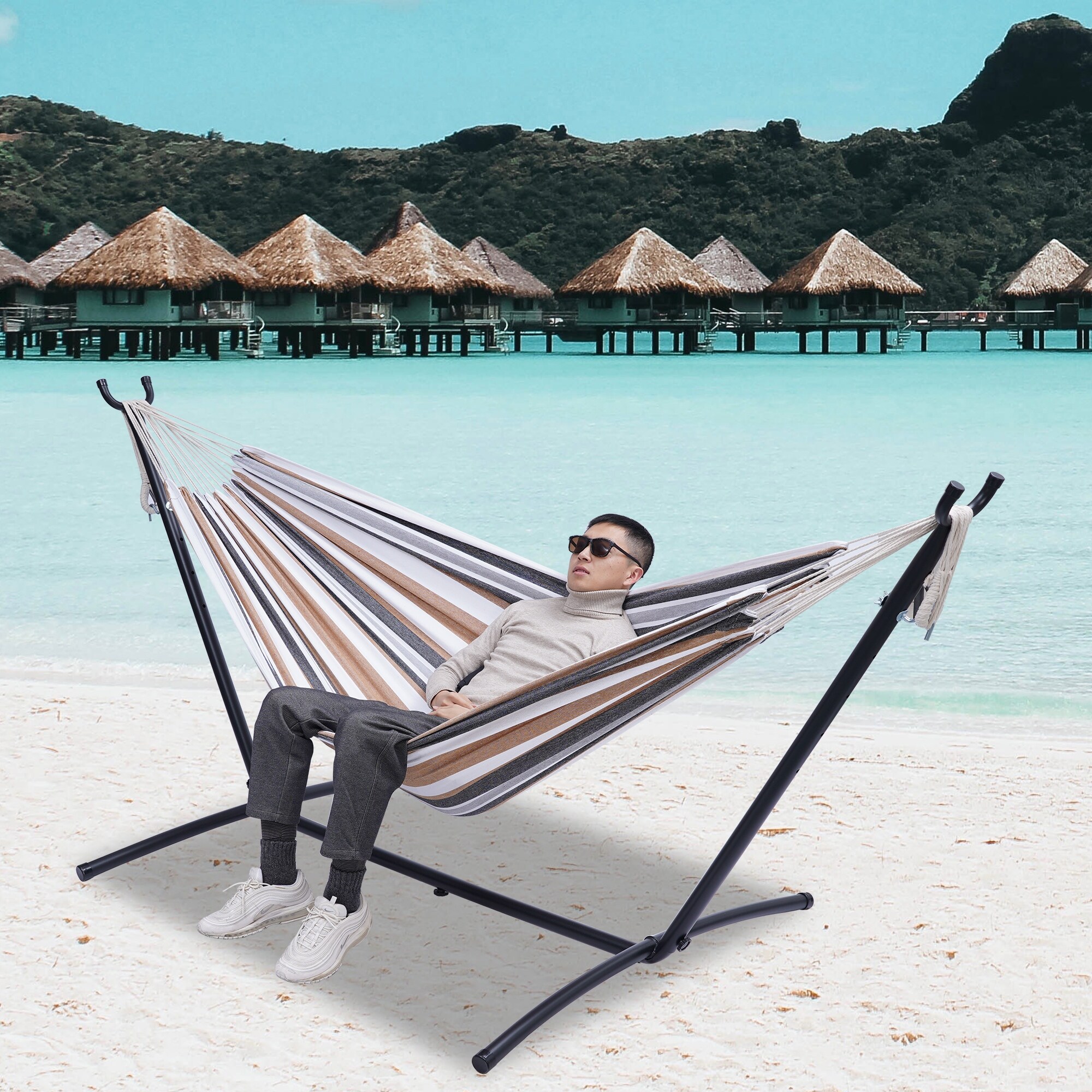 Hangout Pod Transportable Circular Family Hammock Bed with Stand Cream Black Bed Bath Beyond 32477366