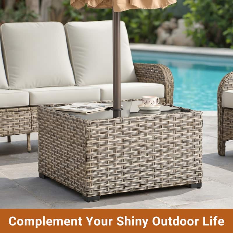 XIZZI Outdoor Wicker Coffee Table with Umbrella Hole for Garden Deck or Poolside
