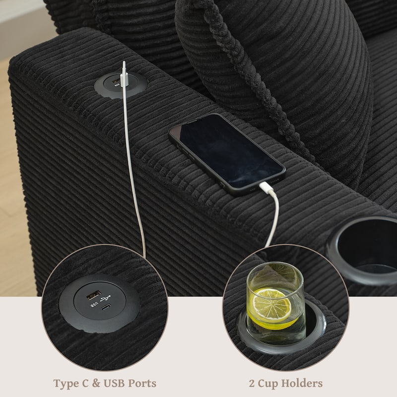 Stripe Corduroy Sofa with USB and Cup Holders, L Shape Chaise with Ottoman and Lumbar Pillows, 3 Seater Convertible Lounge Couch