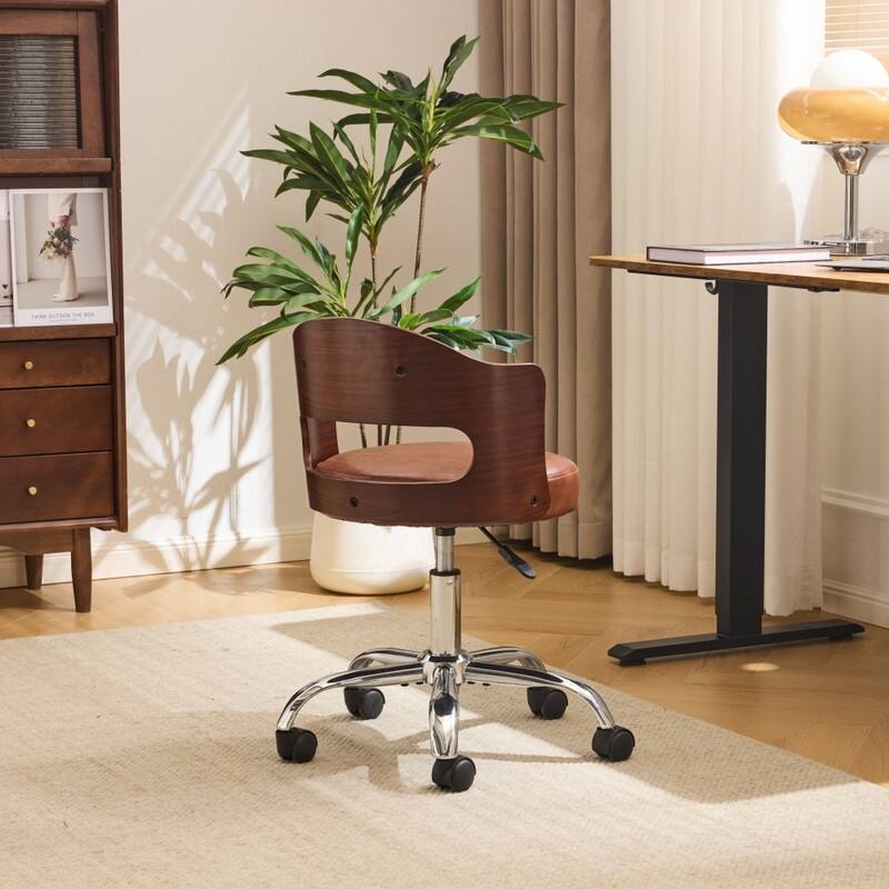 Ring-Shaped Wooden Back Office Chair With Foot Spikes And Wheels