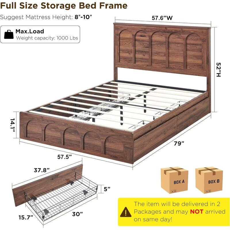 Modern Full Size Bed Frame, 52" Tall Arched Recessed Headboard