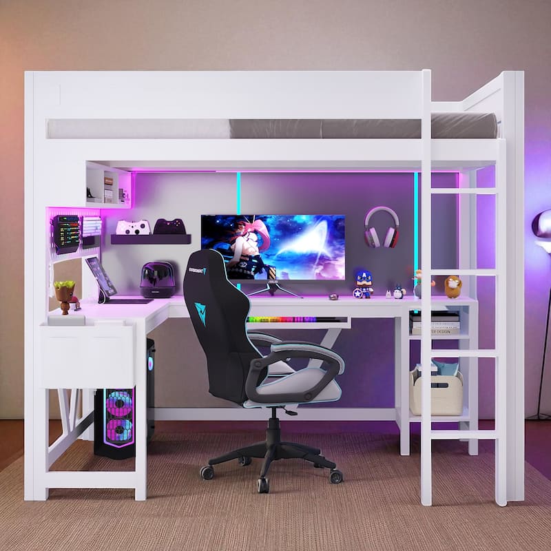 Full Size Wood Gaming Loft Bed with Desk, LED Shelves, Charging Station, Storage Shelf and Guardrails