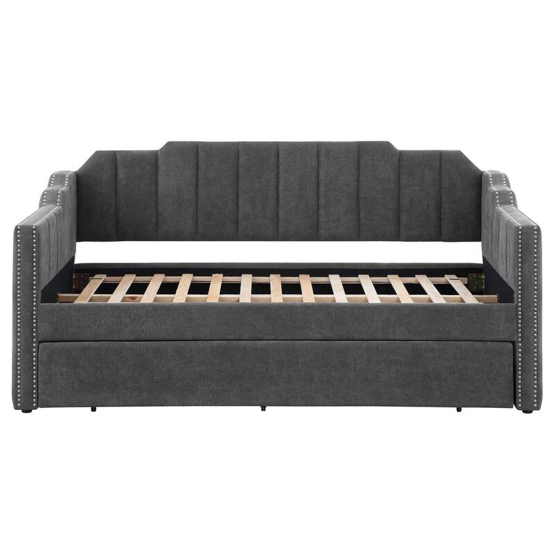 Charcoal Velvet Upholstered Twin Daybed with Channel Tufting, Nailhead Trim and Hidden Trundle for Guestroom