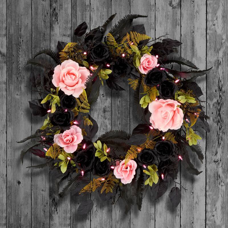 National Tree Company 24" Artificial Cute and Creep Halloween Wreath, 40 Pink LED Lights, Battery Operated - 2 ft