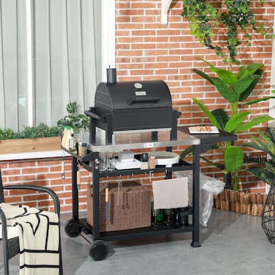 Outdoor Grill Cart with Foldable Side Table, Stainless Steel Pizza Oven Stand on Wheels, with 3 Shelves