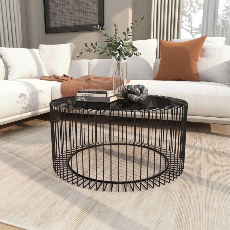 Metal Open Wire Frame Coffee Table with Shaded Glass Top - Black - Roche River Decor