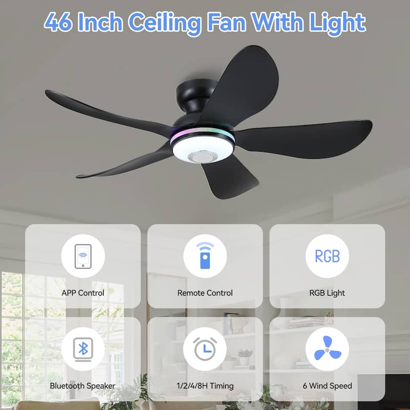 36/46 inches RGB Flush Mount Ceiling Fan with Light and Remote