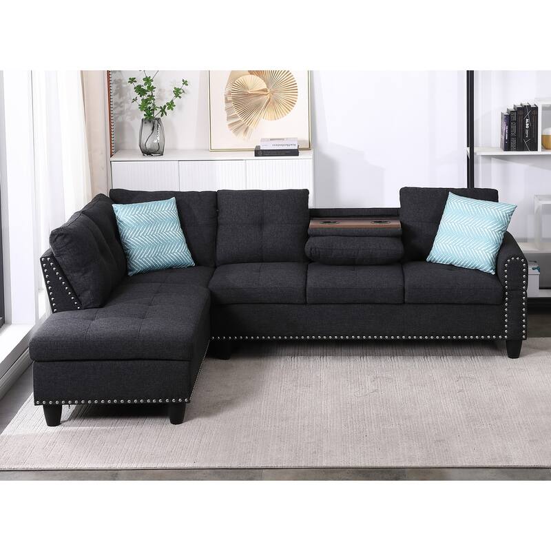 Modern Built-in Cup-holders Console Linen Sectional Sofa with 2 Pillows