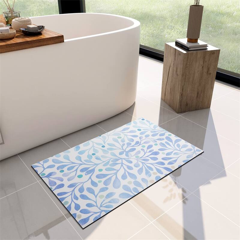 Bath Mat Rug-Thin Quick Dry - 17"x 59" - Blue Leaf