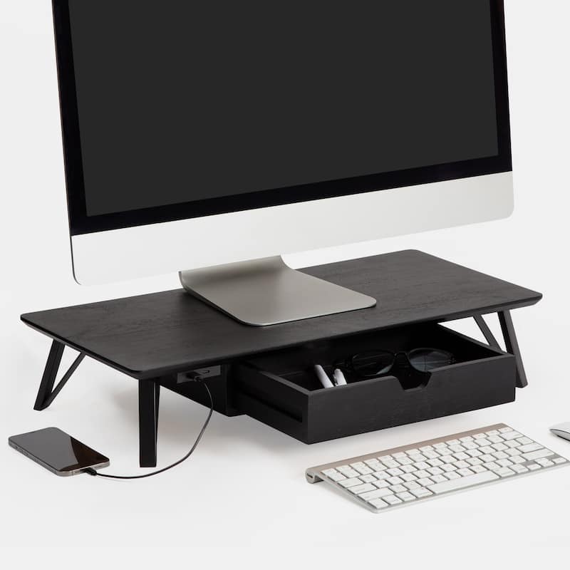 Jani Wood Monitor Stand Riser Desk - Ergonomic Design Stand, Desktop Organizer Table for Home, Office Workspace, Gaming Desk - Black