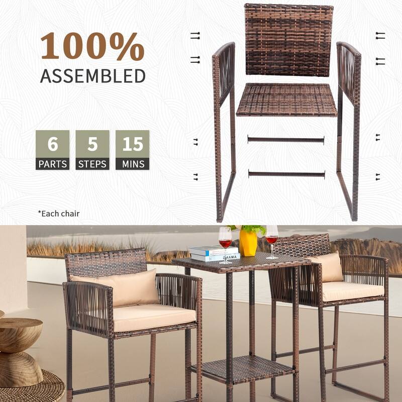 Outdoor 3PCS Wicker Bistro Set with Cushions