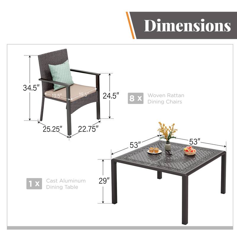 9 Pieces Patio Dining Set Outdoor Rattan Wicker Dining Furniture Set with Umbrella Hole