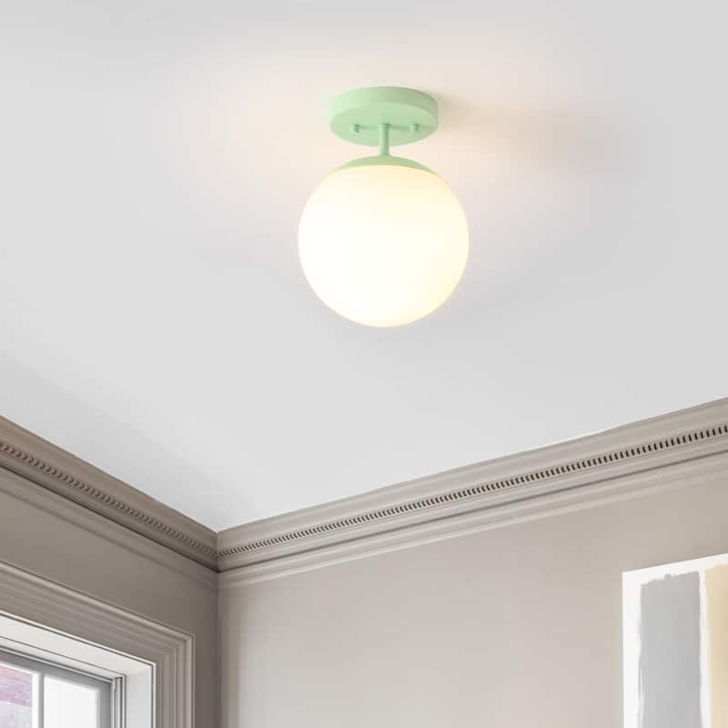 Galax Bistro 7.75" 1-Light Bohemian Farmhouse Iron/Frosted Glass LED Semi Flush Mount, Brass Gold/White by JONATHAN Y