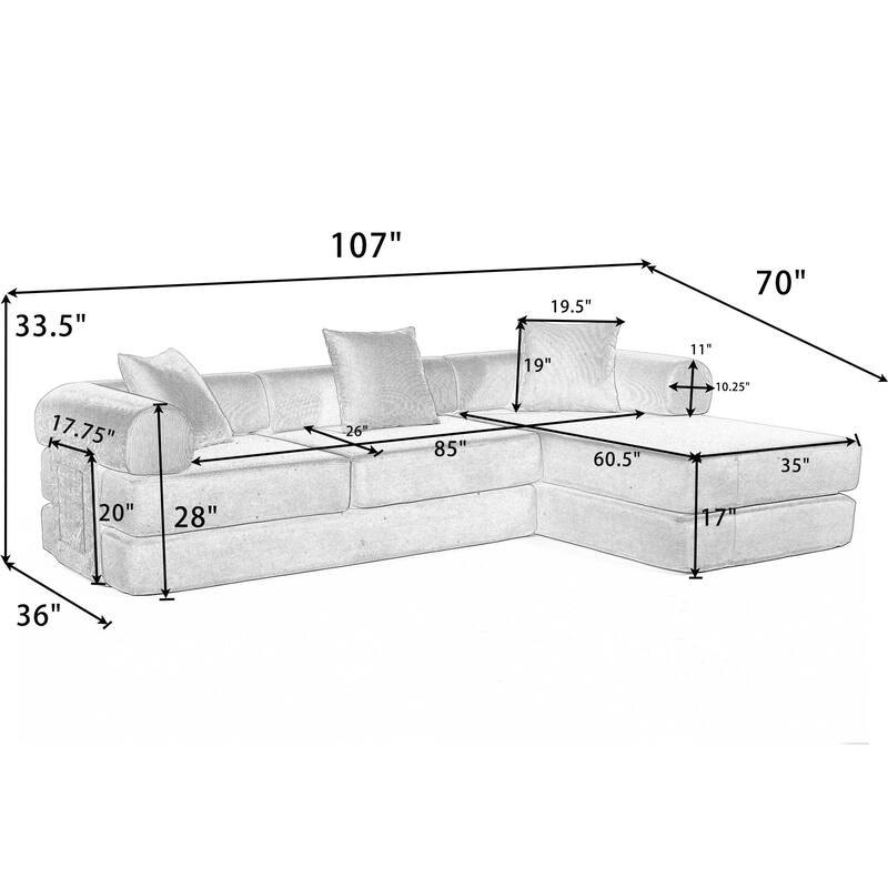 Versatile 7-in-1 Modular Folding Sectional Sofa with Chaise Convertible Corduroy Sleeper Sofa Bed with Removable Storage Bags