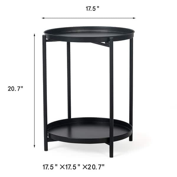 dimension image slide 0 of 3, Adeco Side Table 2-Tier Metal Round End Table with Removable Tray - 17.5""(D)x 17.5""(W)x 20.7""(H)